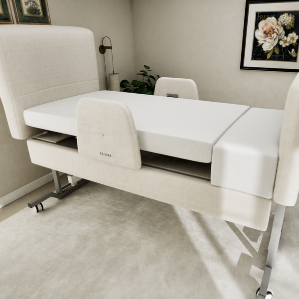 Elevra Rotating Bed raised to maximum Hi-Lo height showing full 20.5 to 39.7 inch range