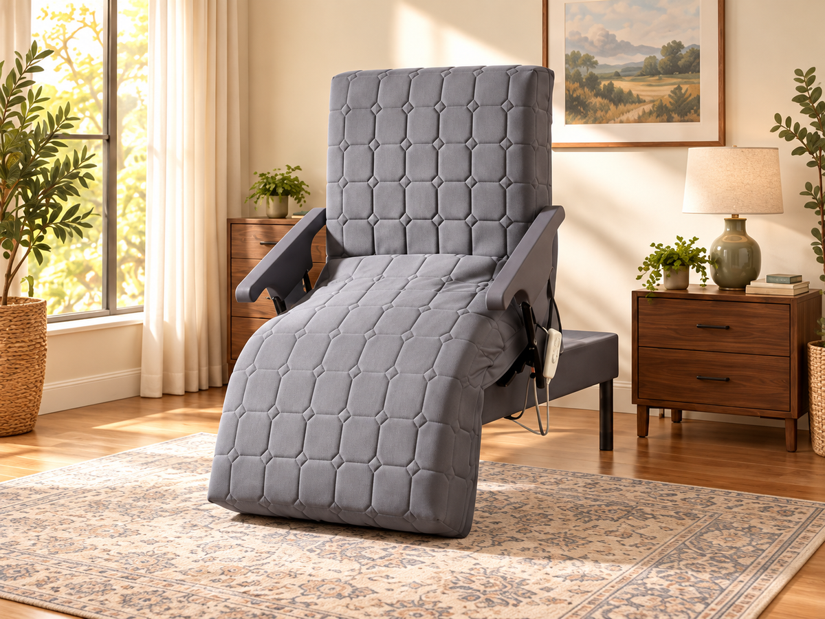 Illustration of the grey EzLift Deluxe in its upright position in a warm bedroom